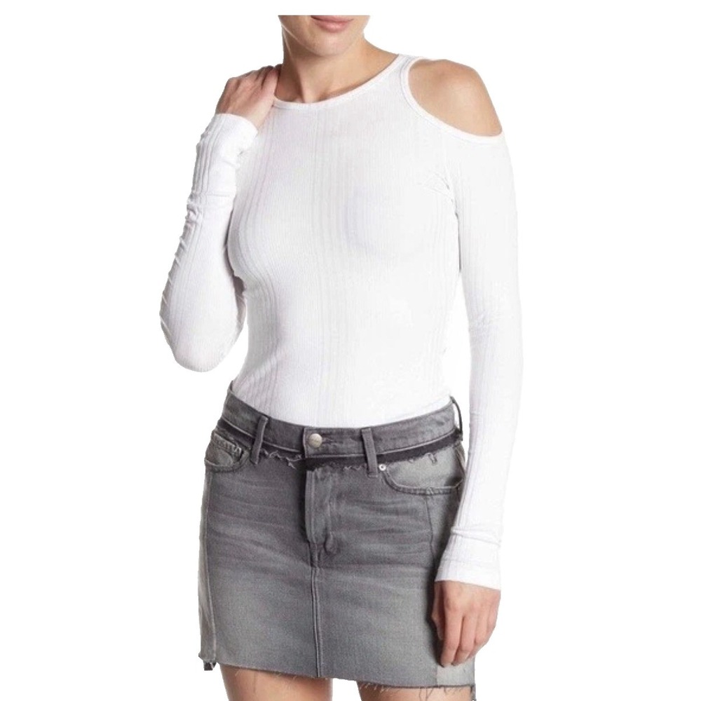 Frame Denim Cold Shoulder Rib Knit Top White Shirt Medium M Modal Cotton